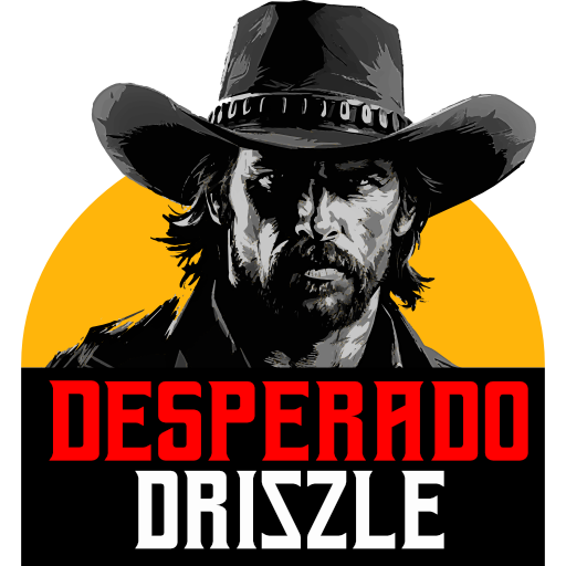 The official logo of Desperado Drizzle, featuring the black and white image of the lone cowboy wearing a studded cowboy hat with the sun slowly setting behind him, below is the words Desperado Drizzle written in red and white on a black background. This is the official logo of www.desperadodrizzle.com